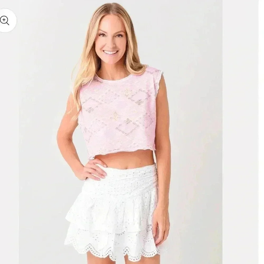 NWT LOVESHACKFANCY Women's Ismay Cropped Embroidered Tank Top Pop of Pink L